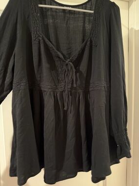 torrid Black Boho Tie-Front Tunic with Crochet Trim